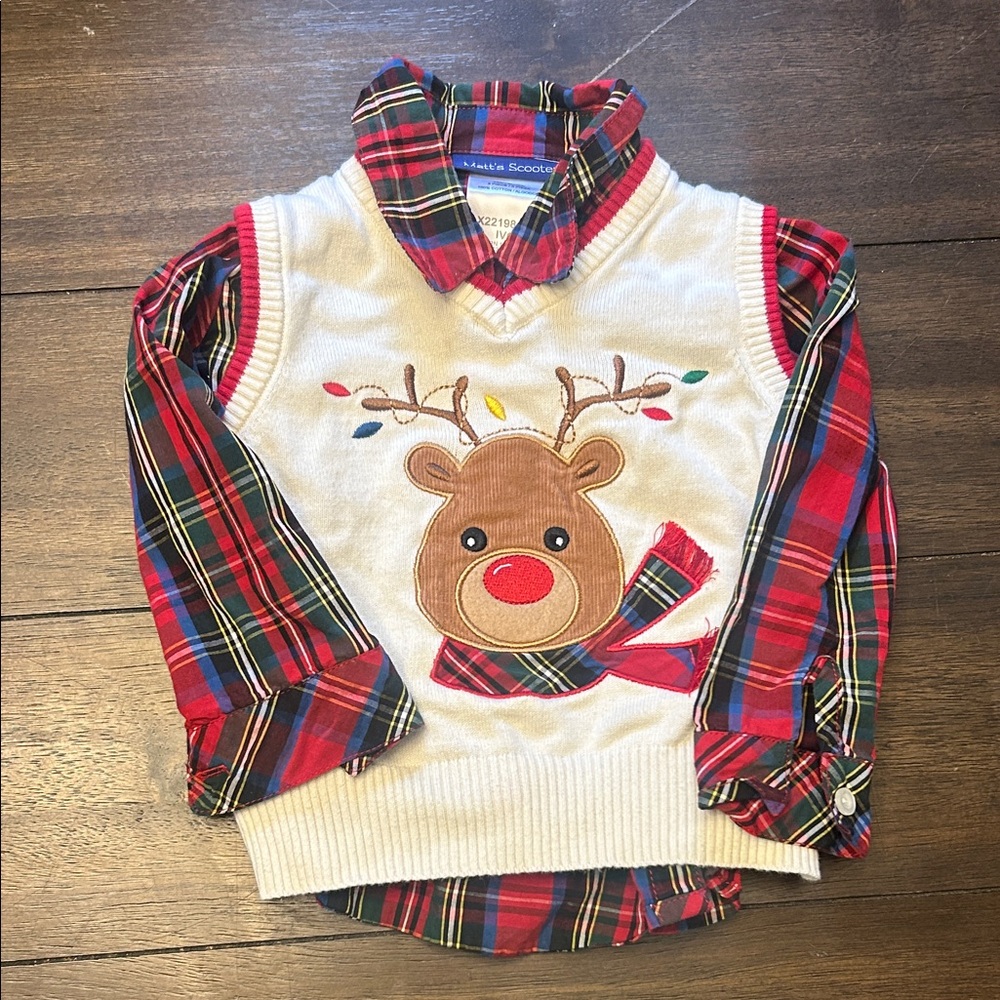 Plaid Reindeer Kids Shirt by - Red and White